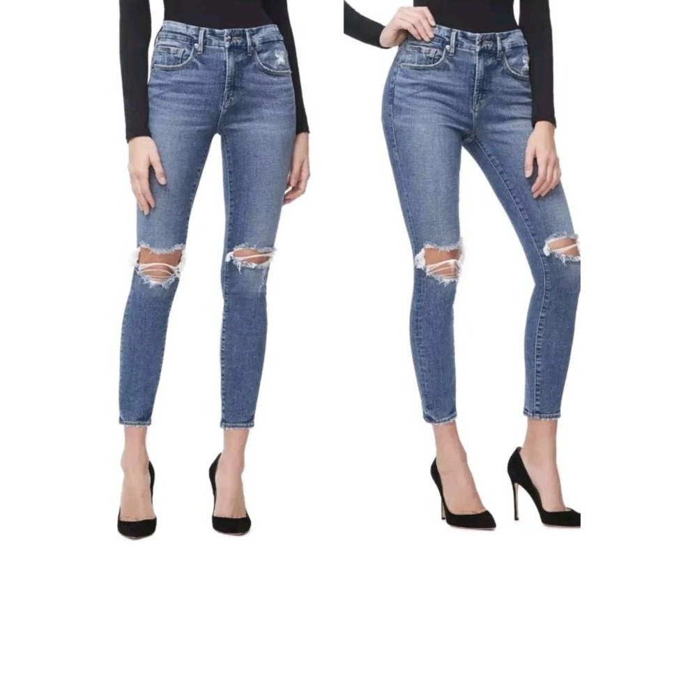 NWT Good American Good Legs Crop Ripped Knee Pocket Distressed Jeans, size 8/29